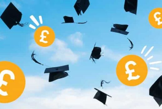 graduate hats in the air with pound signs